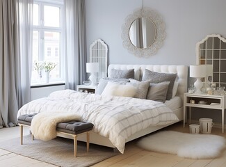 A modern bedroom with a large bed, a desk, and a chair, with a view of the city outside. The bed is made with white sheets and a gray blanket.