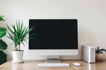 A plain, neatly organized desk with a single, modern computer monitor and a minimalistic keyboard and mouse