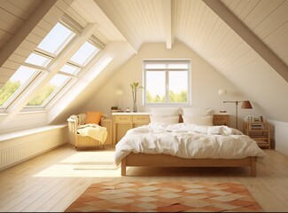 tranquil bedroom features a white bed with a matching comforter and pillows, a wooden nightstand, and a window with a stunning view of a lush forest.