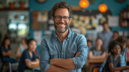 The male teacher was standing with his arms crossed and smiling. Surrounded by children in the classroom - obrazy, fototapety, plakaty
