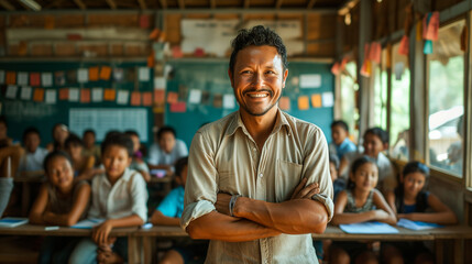 An Asian male teacher is smiling in the classroom with the students. - obrazy, fototapety, plakaty