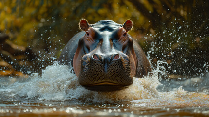 A hippopotamus is walking slowly in the water , it make water splash.