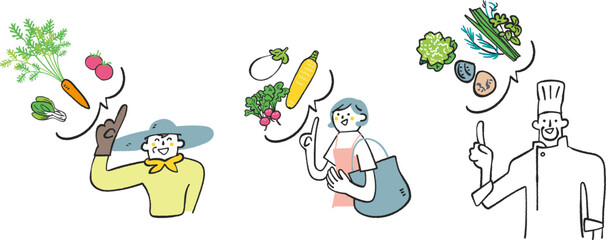 美味しそうな野菜や食材と女性、農夫、シェフ　セット　イラスト素材	
