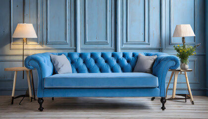 Blue sofa against paneling wall. Generative AI.