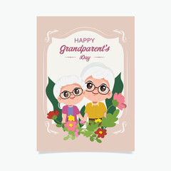 grandparents day greeting card template with older couple. chibi elderly character cartoon vector.