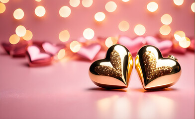 Two small gold heart on a sparkling soft pink background, Valentine's Day, Christmas. Generative AI