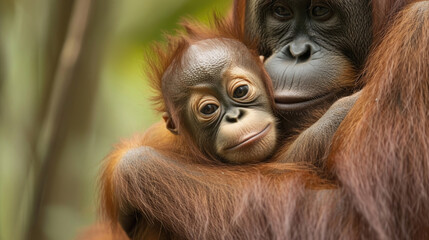 Closeup of a baby orangutan clinging to its mothers chest and nuzzling into her neck.