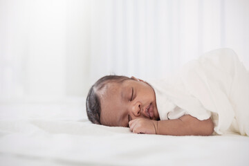 Portrait of close up black African American baby face sleep tight peaceful, hospital daycare...