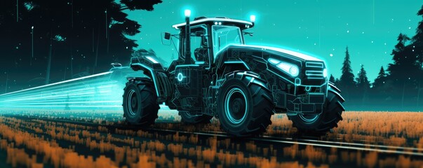 A farm tractor stands poised in the field, representing the integration of technology in modern farming equipment.