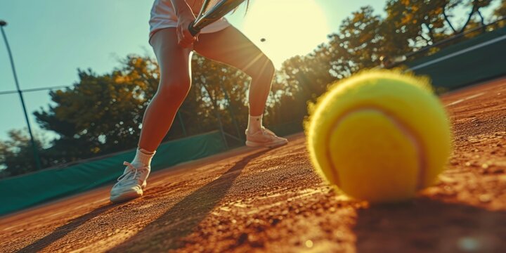 Tennis ball on tennis court under orange ray under sunset. Selective focus.