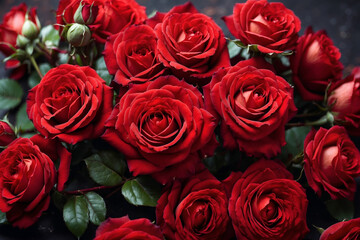 Bouquet of red roses, top view, blurred background