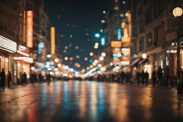 Fototapeta na wymiar Blurred city at night with bokeh lights and people walking