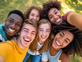 Multiracial young people laughing together at camera - Happy group of friends having fun taking...