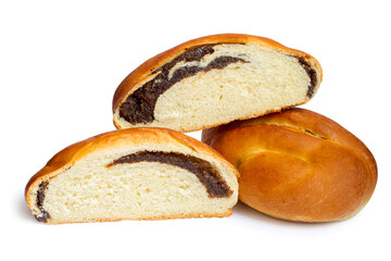 Sliced sweet bun with poppy seeds on white background. Stuffed bun. Halves of buns isolated.