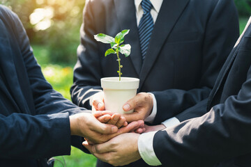 Earth Day Environmental, Business hands holding a plant pot with green plants in the ground...