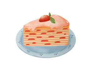 slice of cake with strawberry. Strawberry Mille crepe Watercolor illustration suitable for  menu card and stationery