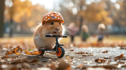 Funny hamster running, riding on electric scooter with helmet at park. Creative animal pet character concept digital art cartoon illustration, commercial, editorial advertisement, surreal background.