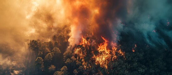 Fototapeta na wymiar Bird's-eye view of a forest fire or wildfire captured by an aerial drone, showing dense smoke clouds and the combustion of parched vegetation.
