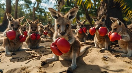 Animal in sport background. Cute baby kangaroos wearing boxing gloves fight each other. Creative character funny pet animal in costume, concept humor greeting card banner fantasy landscape.