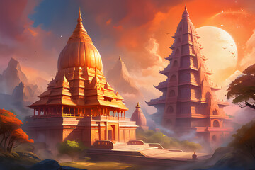 Illustration of Hindu mandir, Shree Ram temple - obrazy, fototapety, plakaty