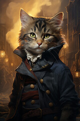 An oil painting showcasing a resolute 1910s young cat, specifically an American Shorthair kitten,...