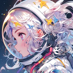 Cartoon illustration, cute astronaut girl and planets in space with space suit and helmet, Space flight and space day concept