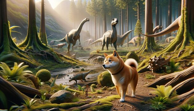 A photorealistic image of a Mame Shiba Inu wandering in the Cretaceous period on Earth, surrounded by dinosaurs and ancient vegetation.