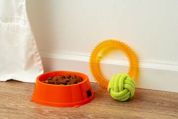 Orange plastic pet bowl and toys on the floor