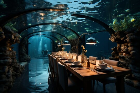 Couple having a romantic dinner in an exclusive underwater restaurant in the Maldives, Generative AI