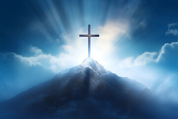 Fototapeta premium Cross Peak Mountain Winter Rays Sun Divine God Faith 