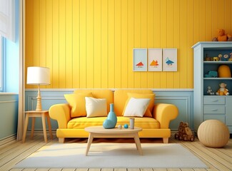 Stylish living room with yellow couch, blue shelf, and coffee table. The couch is made of leather and has a white cushion. The shelf is made of wood and has shelves. 