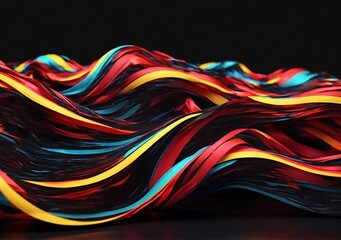3d render, abstract geometric wallpaper of colorful wavy neon ribbon, yellow red blue glowing lines isolated on black background. Illustrations 01.