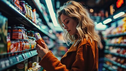 Obraz premium woman comparing products in a grocery store, supermarket, store, retail, food, shopping, groceries, consumerism, choice, customer, market, purchase, buy, sale, consumer, choosing