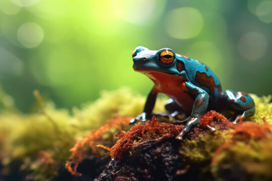 Close-up photo of a dart frog On the green moss.