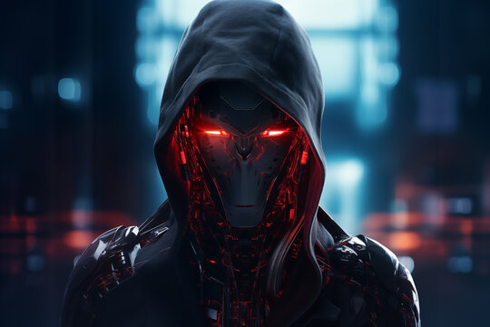 A robot wearing a black hoodie with red eyes