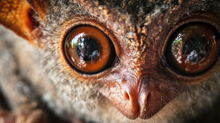 Closeup of a tarsiers face with its large eyes dominating the image. Its curious gaze seems to pierce through the screen. - obrazy, fototapety, plakaty