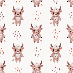 Mythical horned creature seamless pattern. Repeat vector illustration. Trendy esoteric background with occult shaggy devil, standing on two legs. Highland cow cartoon flat design.