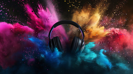 Headphones amidst a vibrant splash of colors, AI Generative.