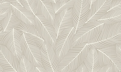Floral Seamless Pattern with Linear Leaves. Trendy Minimalistic Print Design with Line Art Leaves Drawing. Botanical Pattern for Home Decor, Fabric. Vector EPS 10