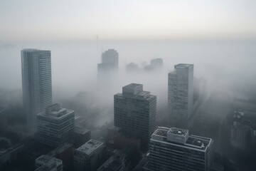 A misty urban landscape with hazy skyscrapers and buildings shining through the fog. Generative AI