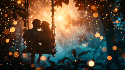 Whimsical and dreamy picture of a couple sitting on a swing adorned with fairy lights, Valentine's Day, dreamy swing, hd, whimsical with copy space