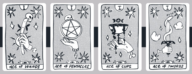 Obraz premium The Minor Arcana, aces of wands, pentacles, cups and swords. Hand drawn line sketch of Tarot.