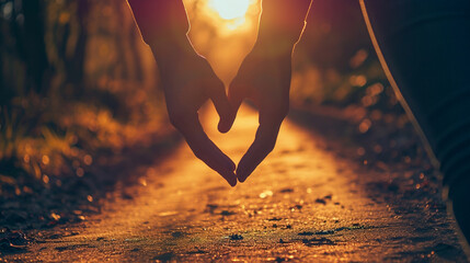 Intimate image of a couple holding hands with a heart-shaped shadow cast on a sunlit pathway, Valentine's Day, hand in hand, hd, intimate with copy space