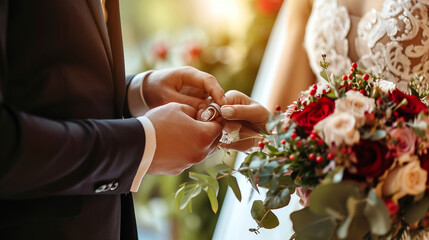Elegant image of a couple exchanging wedding rings, symbolizing a timeless commitment to love, Valentine's Day, ring exchange, hd, elegant with copy space