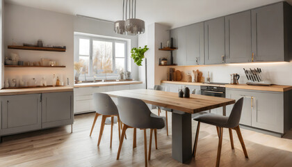 Bright kitchen interior with gray furniture and big dining table. Generative AI.