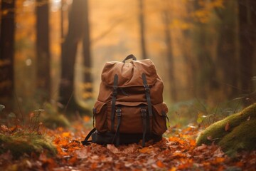Backpack amidst autumn forest blur. Generative AI
