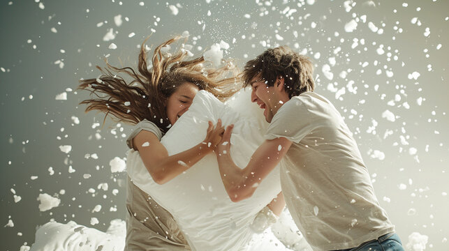 Whimsical scene of a couple having a playful pillow fight, capturing the fun and carefree side of love, Valentine's Day, pillow fight love, hd, whimsical with copy space - Powered by Adobe