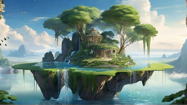 beautiful view of the house and nature with a waterfall, seamless looping, animation video background