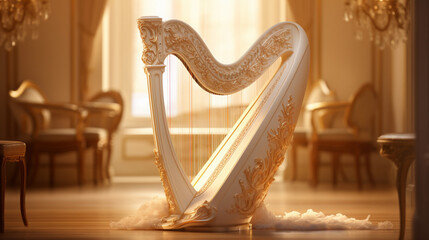 harp on the piano, On the seats positioned on the stage, two contrabasses rest their heads on the fingerboard.


