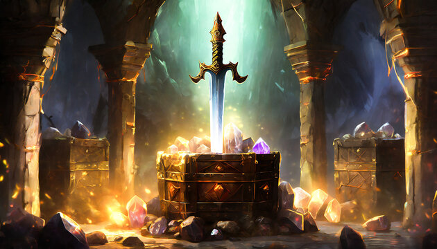 Ancient dungeons and treasure chests, crystals, legendary swords stuck in stone monuments 
